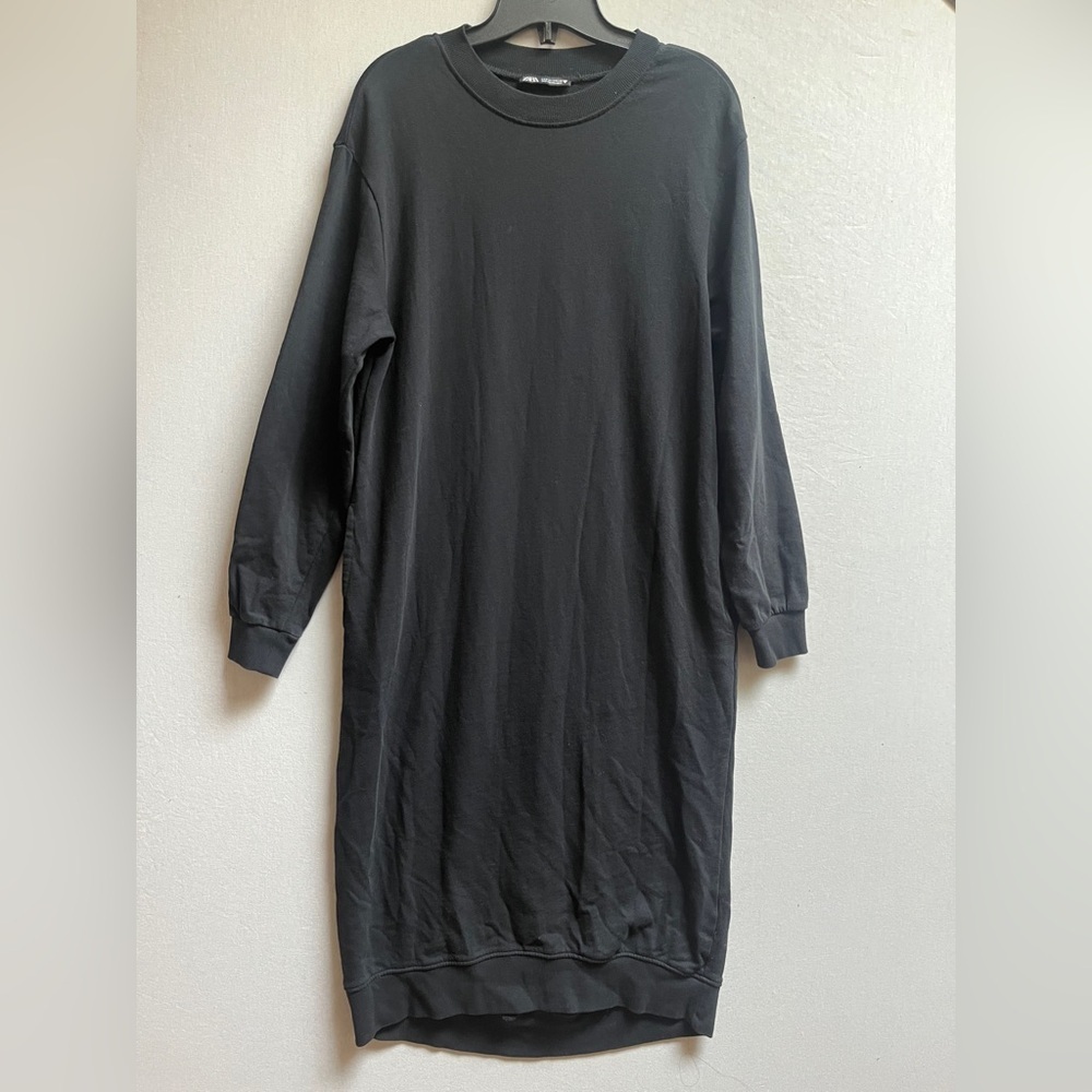 Zara Black Crewneck Sweatshirt Midi Dress With Pockets Cotton Knit Size S